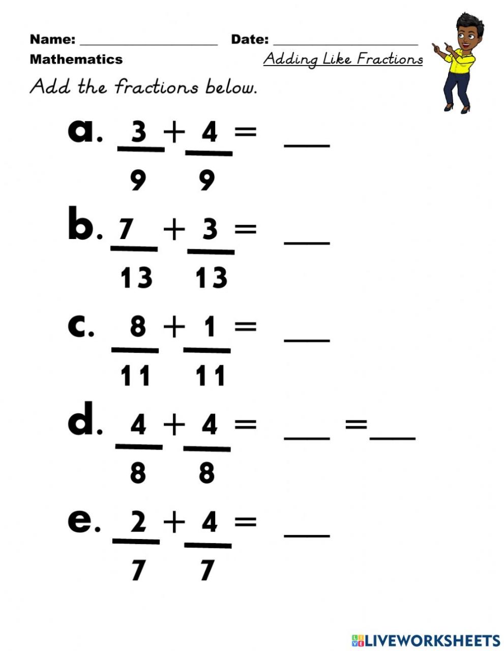 Adding Fractions with like denominators interactive worksheet