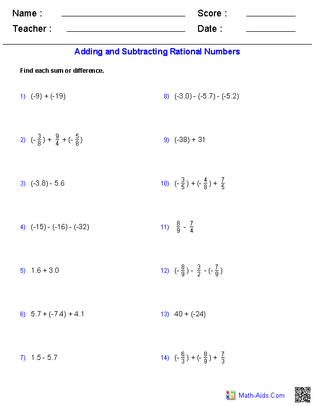 Adding And Subtracting Rational Numbers Worksheet 8Th Grade