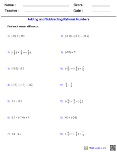 Adding and Subtracting Rational Numbers Worksheets