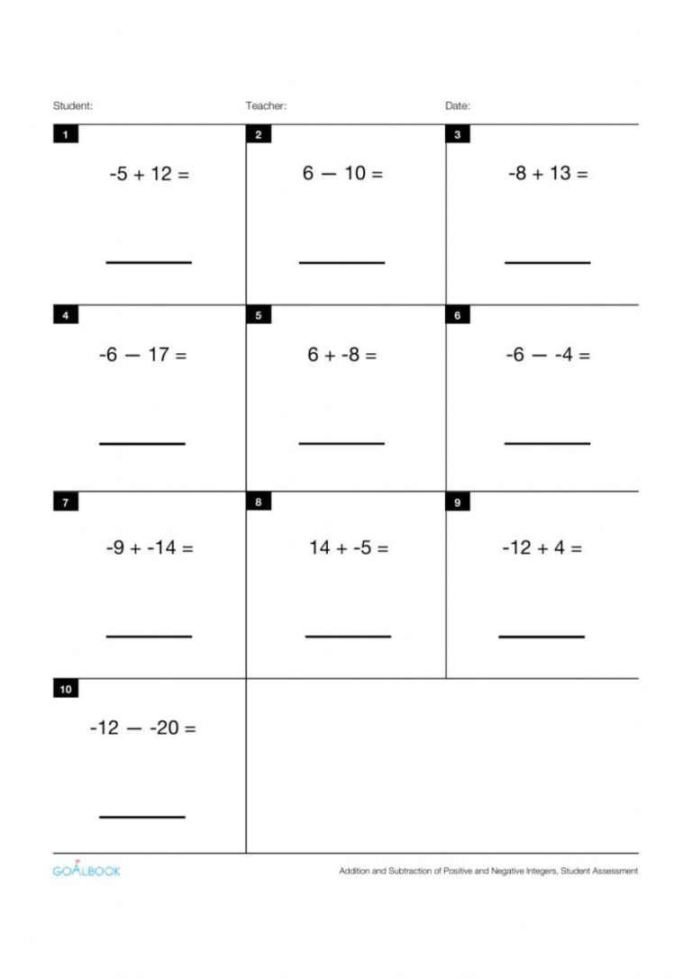 Adding And Subtracting Negative Numbers Worksheet Pdf