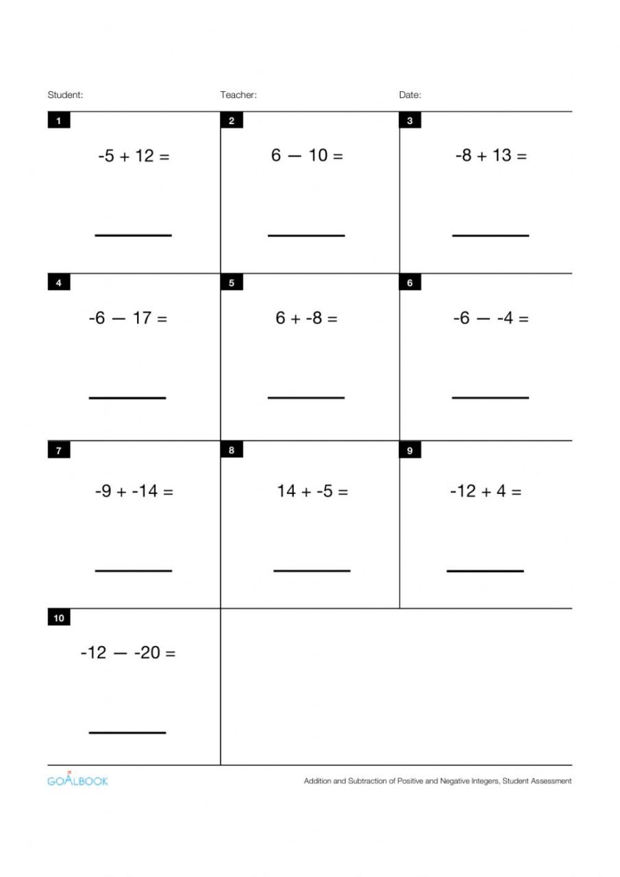 Adding Positive and Negative Numbers Benchmark worksheet