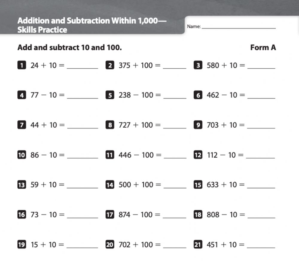 Add and Subtract within 10100 worksheet
