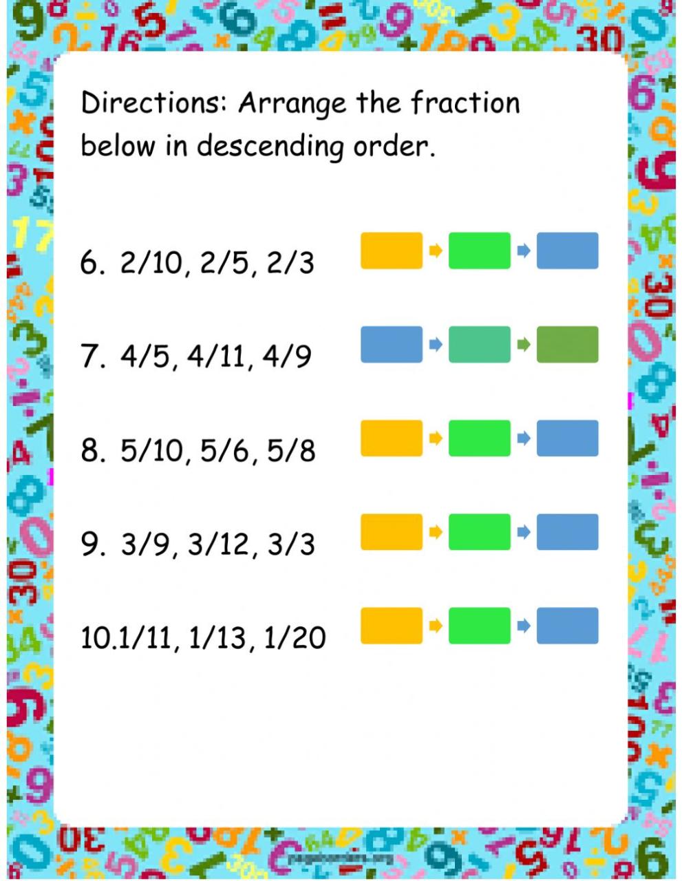 Ordering Fractions with Like Numerator and Unlike Denominator worksheet