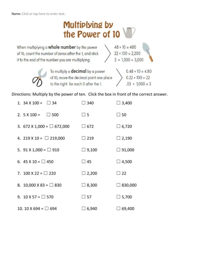 Multiplying By Powers Of 10 Worksheet Answer Key
