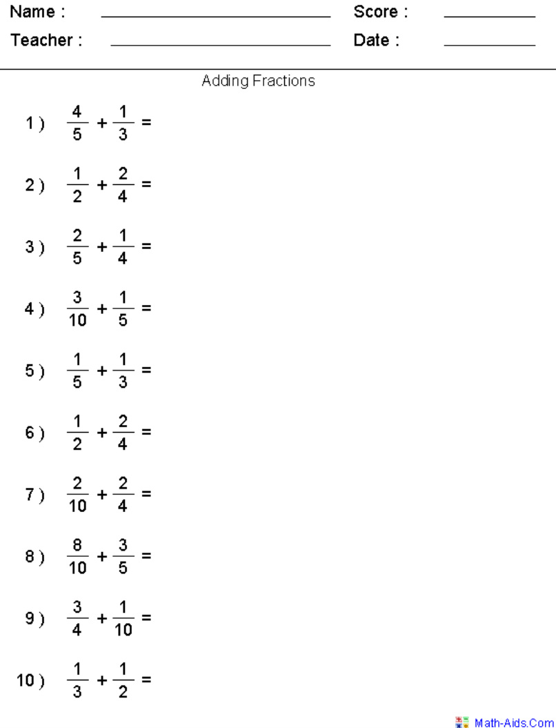 Adding And Subtracting Fractions Worksheets Grade 9
