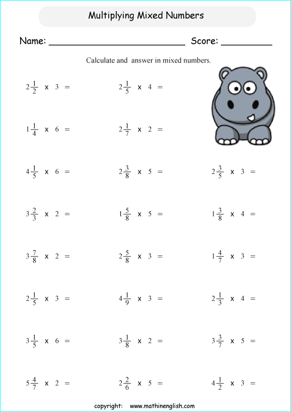 Multiply mixed numbers by whole numbers math worksheet for class 5