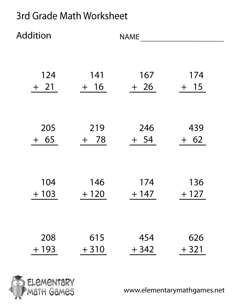Third Grade Maths Addition Worksheet For Class 3