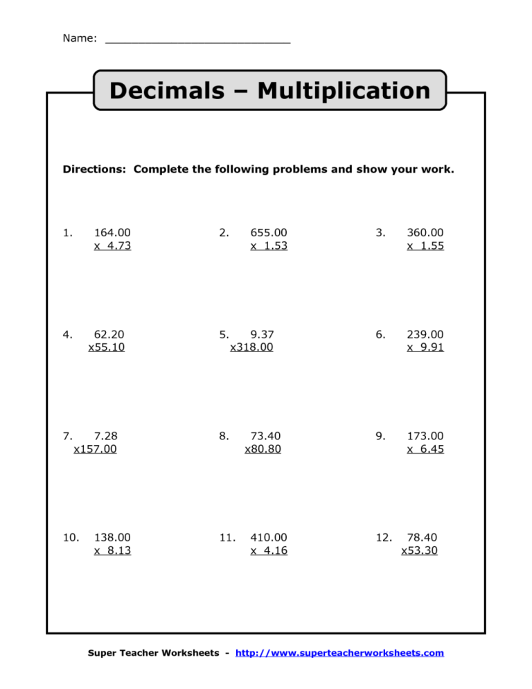 Multiplication Of Decimals Worksheet For Grade 5