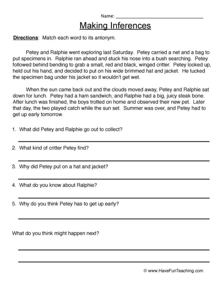 4th Grade Making Inferences Worksheets Pdf
