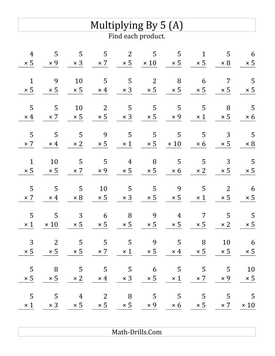 The Multiplying (1 to 10) by 5 (A) Math Worksheet from the