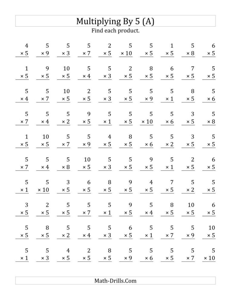 5th Grade Multiplication Math Facts Worksheets