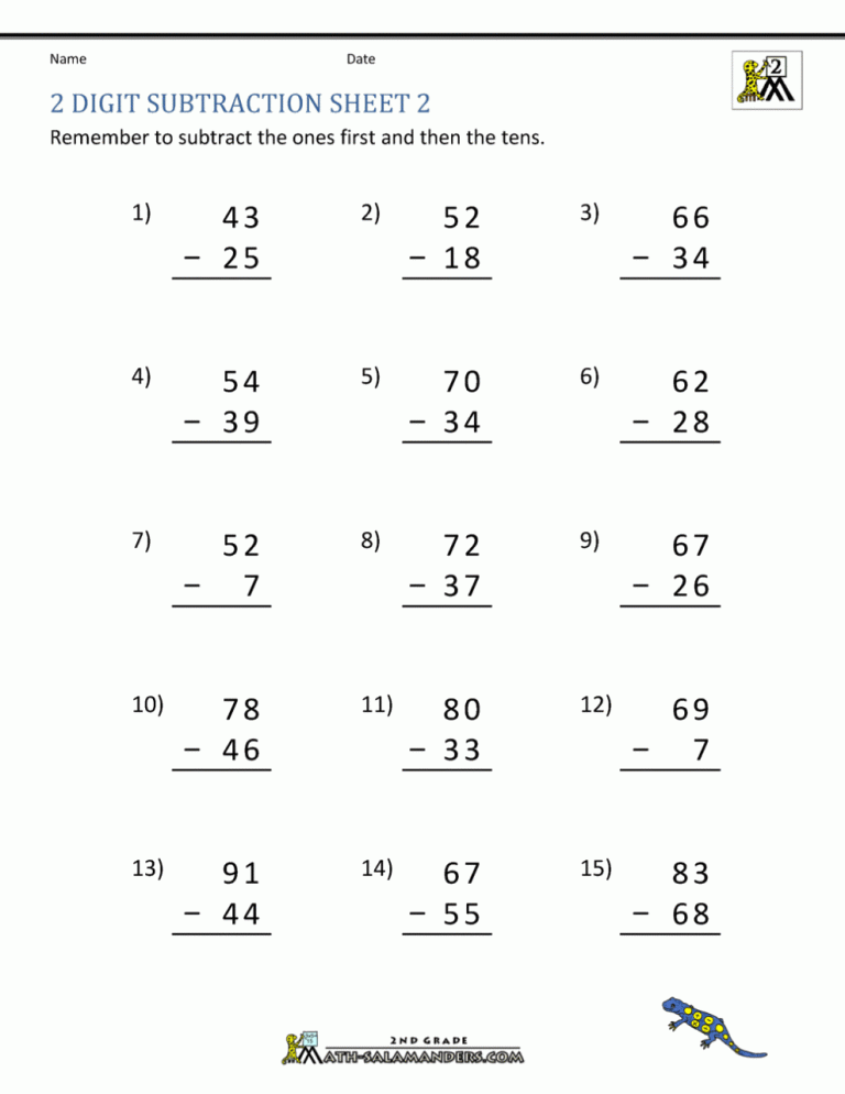 2 Digit Subtraction With Borrowing Worksheets 2Nd Grade