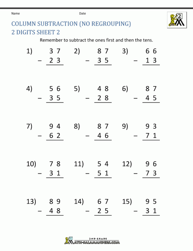 Subtraction Worksheets Borrowing 2 Digits