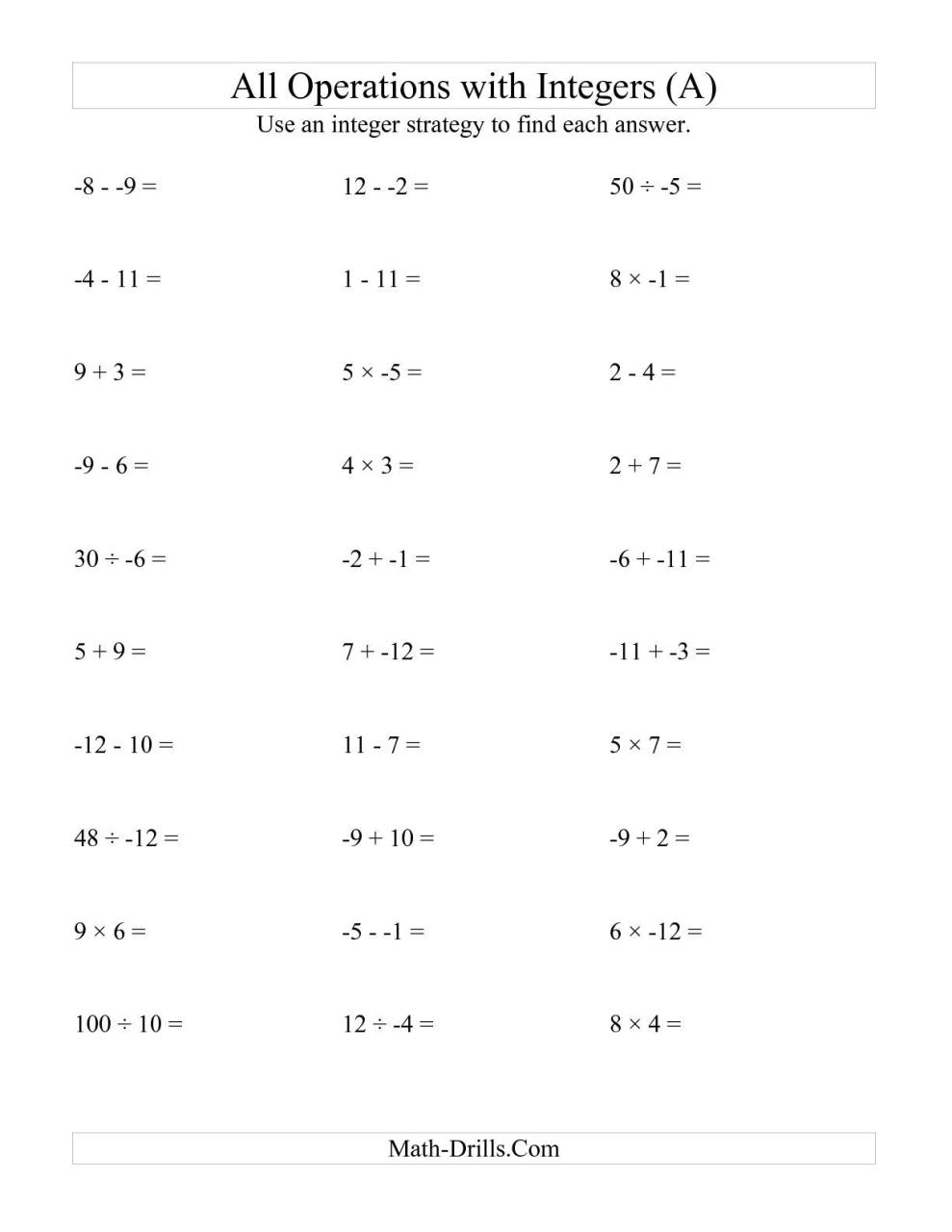 Adding And Subtracting Integers Worksheets Grade 6