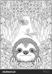 cute sloth in forest coloring page for adults Shutterstock 475196059