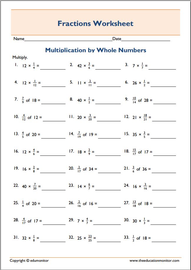 Multiplying Whole Numbers By Mixed Fractions Worksheets