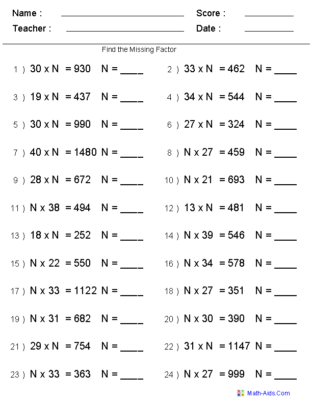 Missing Factor Multiplication Worksheets Math worksheets