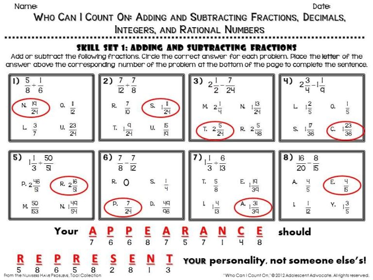 Adding And Subtracting Rational Numbers Worksheet 7Th Grade Answers