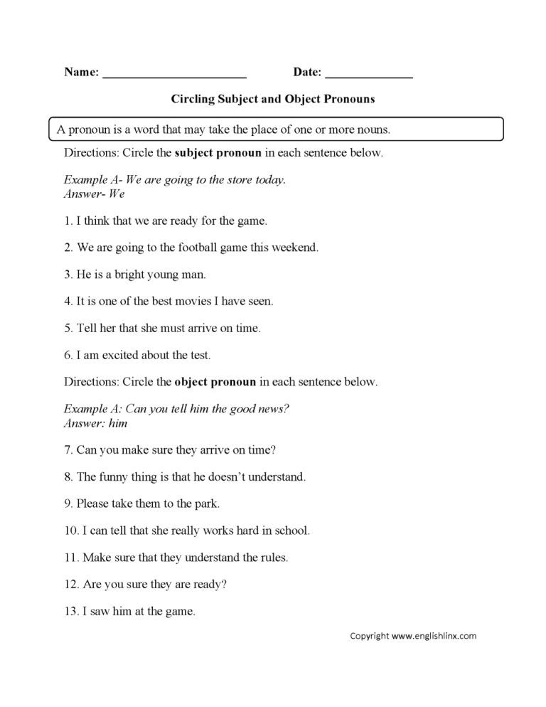 Subject And Object Pronouns Worksheet Grade 4