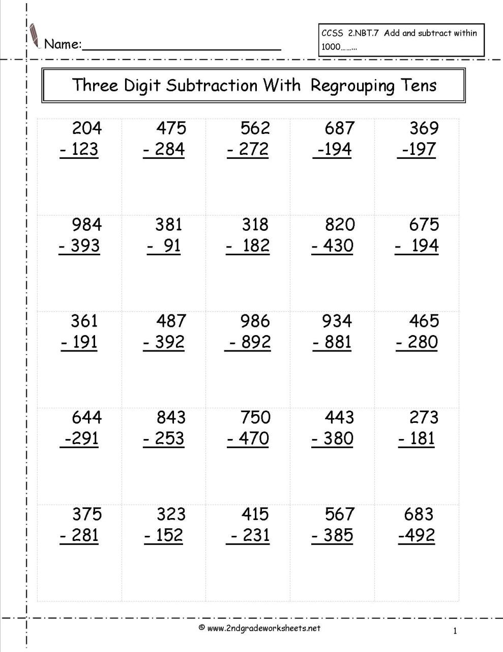 2 Digit Subtraction With Regrouping Worksheets 2Nd Grade Free