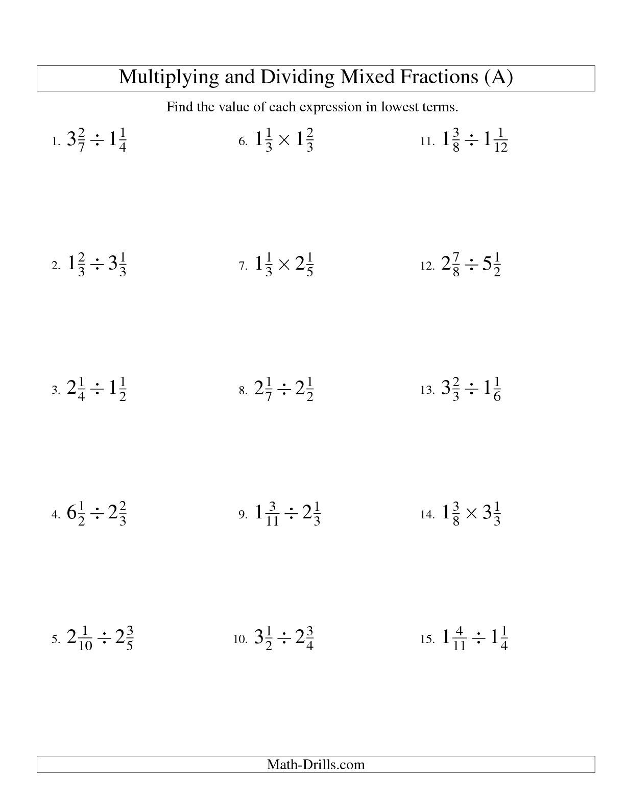 The Multiplying and Dividing Mixed Fractions (A) math worksheet from