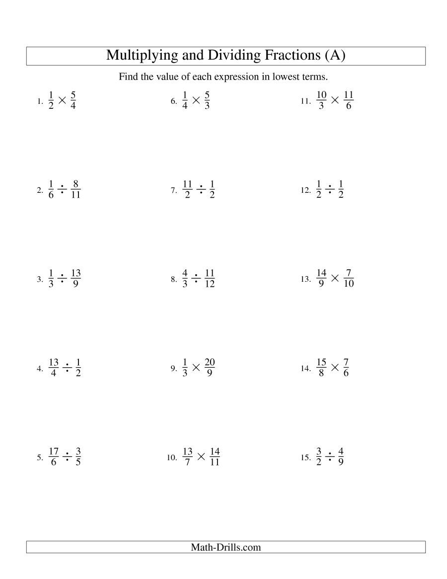 The Multiplying and Dividing Fractions (A) math worksheet from the