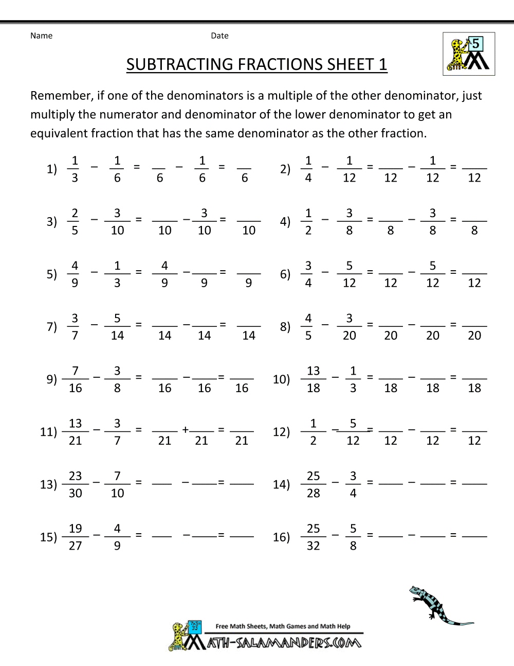 free fraction worksheets subtracting fractions 1 Fractions worksheets