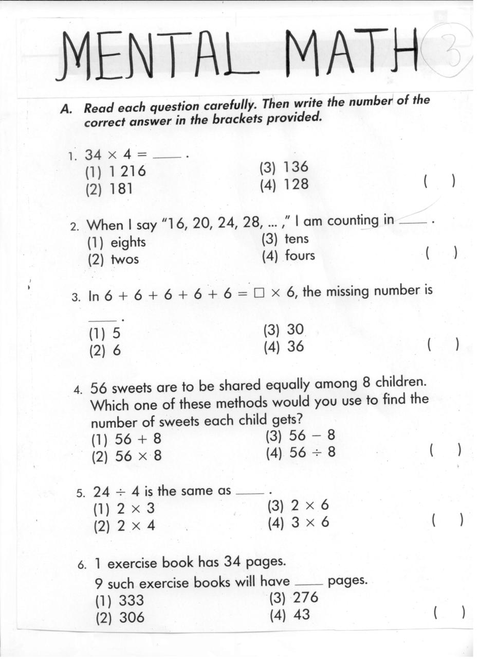 Mental Maths Questions For Class 4 With Answers
