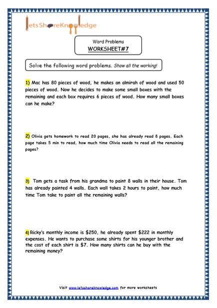 Printable 4th Grade Math Worksheets Word Problems