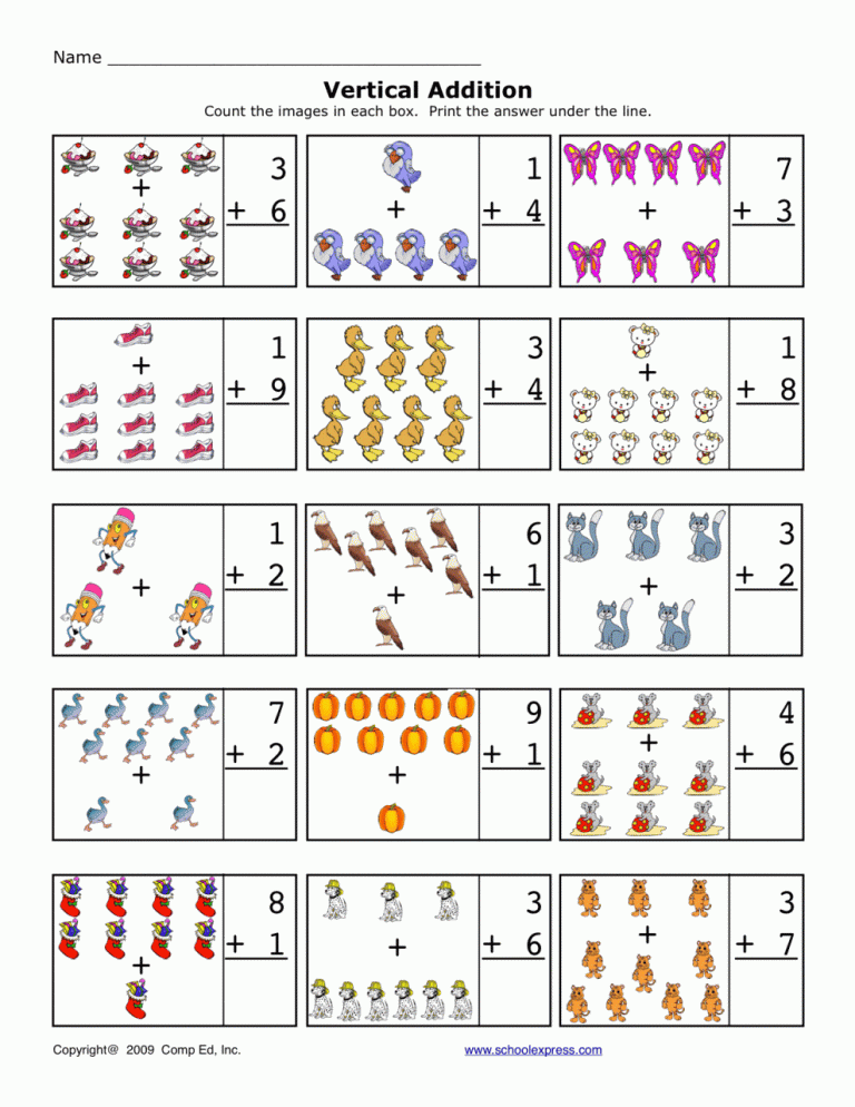Printable Vertical Addition Worksheets For Kindergarten
