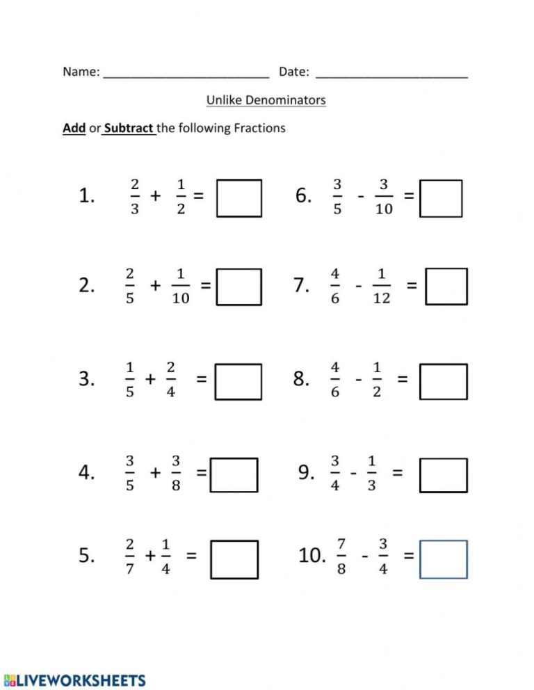 Worksheet Addition And Subtraction Of Fractions
