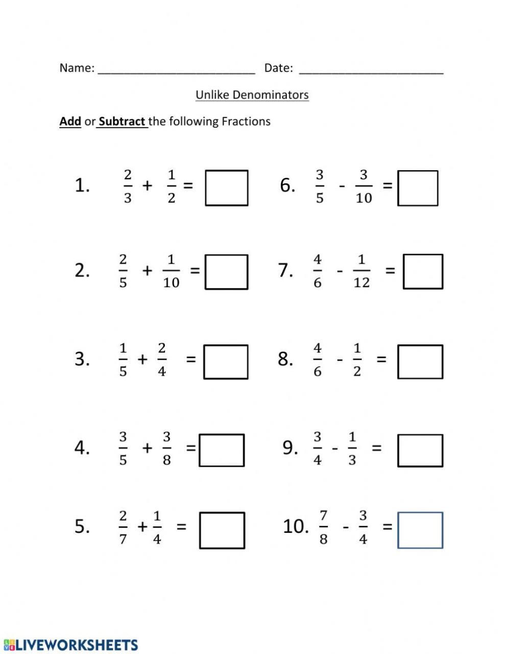 Worksheet Addition And Subtraction Of Fractions