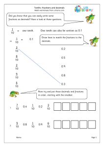 Tenths fractions as decimals Fraction Worksheets for Year 3 (age 78