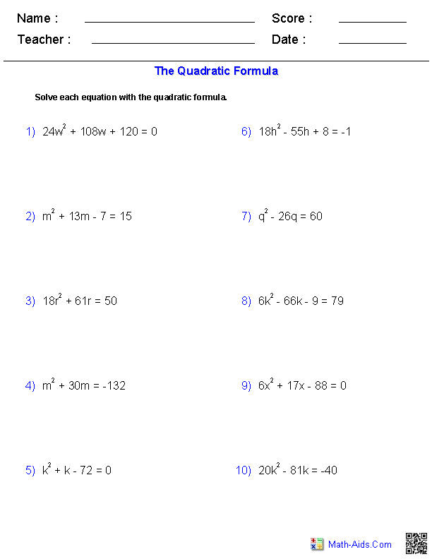 Solving Quadratic Equations With the Quadratic Formula Order of