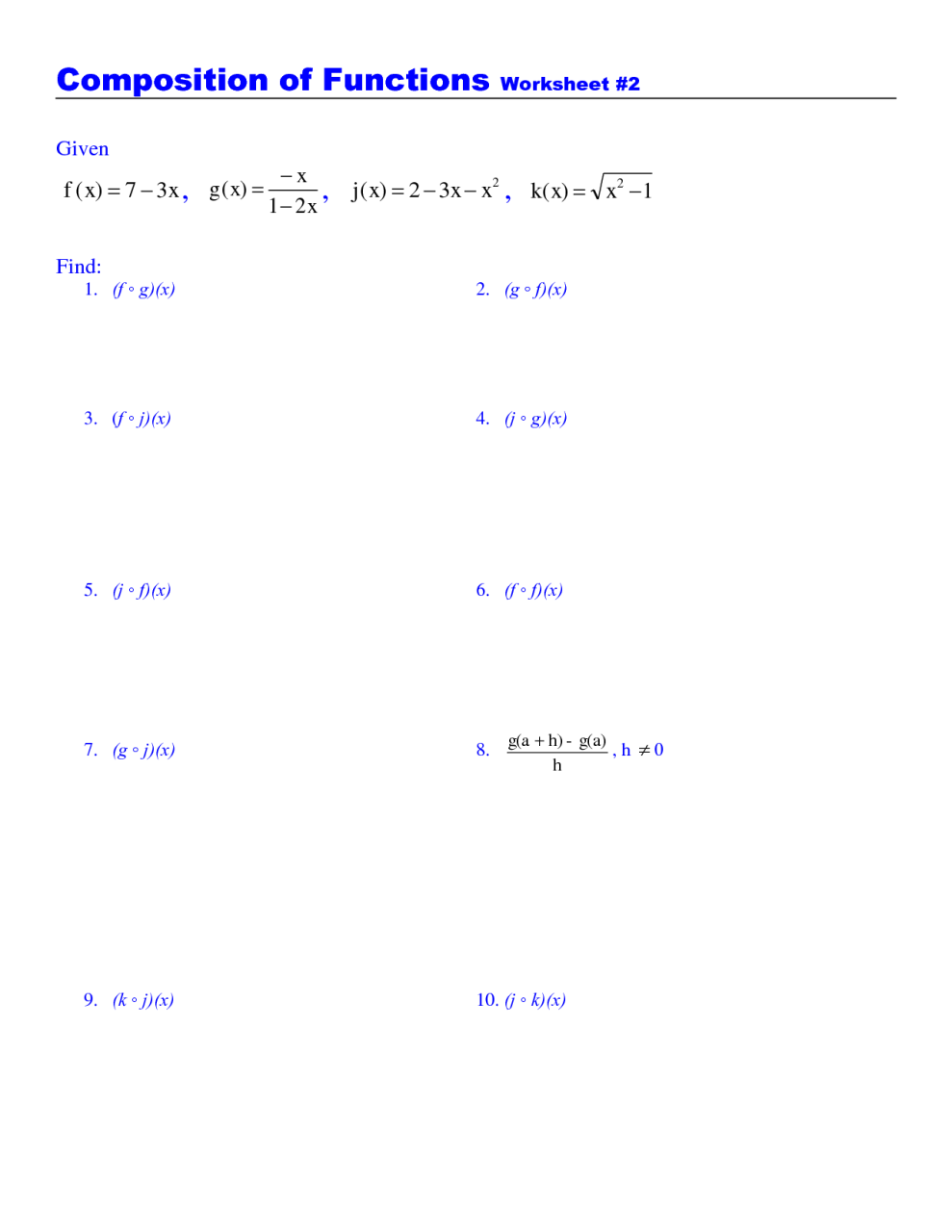 11th Grade Composition Of Functions Worksheet