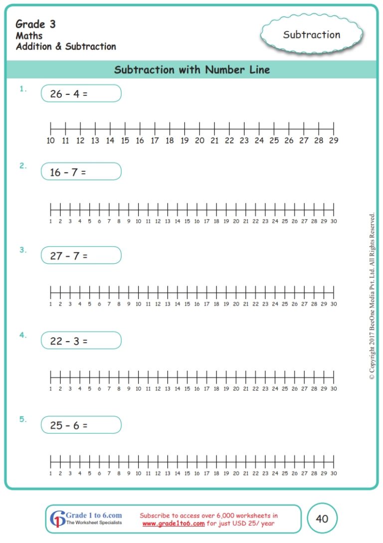 Number Line Subtraction Worksheets Grade 1