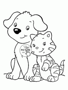 Cat and Dog coloring page for kids, animal coloring pages printables