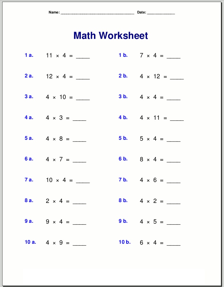 Multiplication Worksheet 4 Times Table