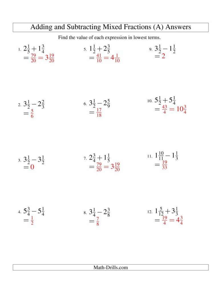 Mixed Fractions Worksheet Adding And Subtracting