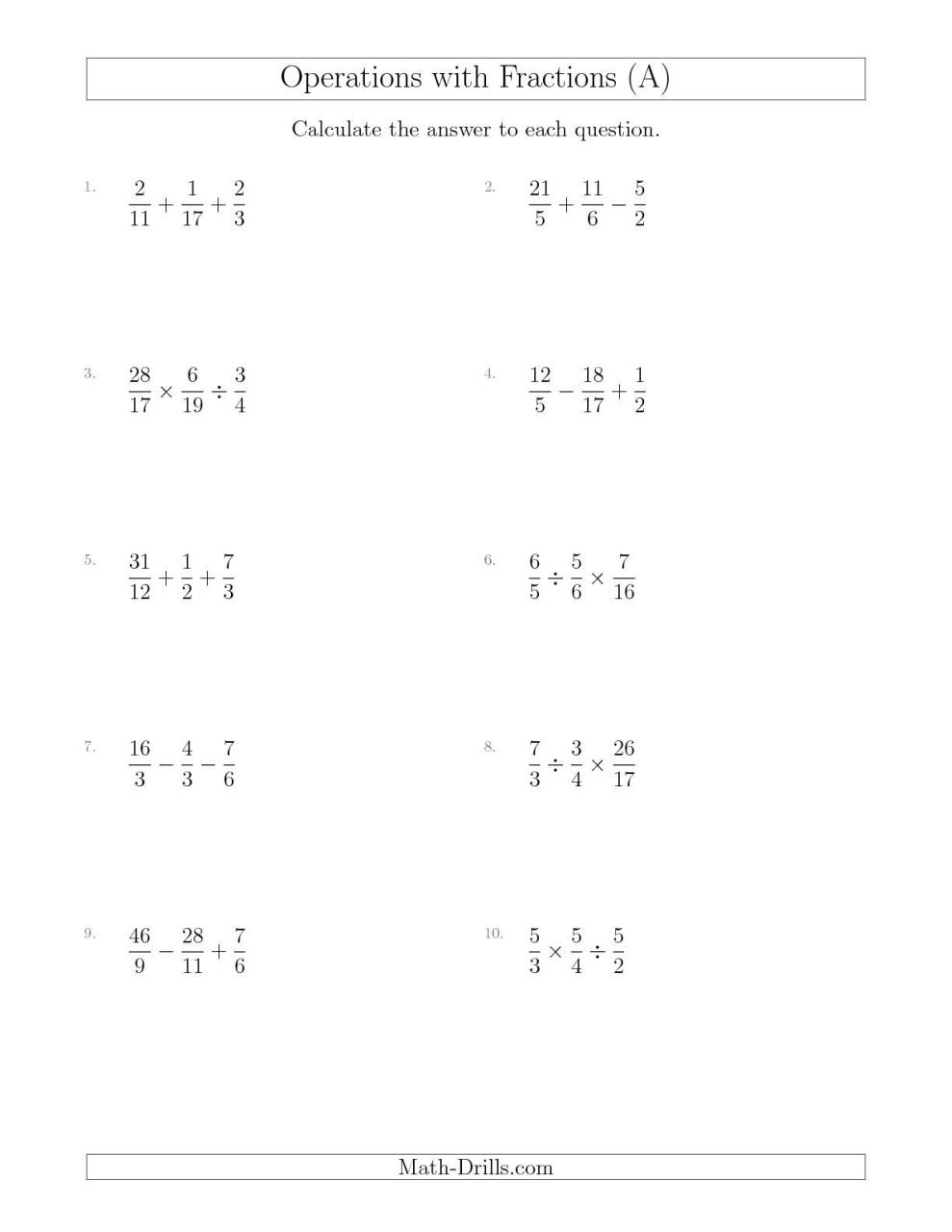 Mixed Operations with Three Fractions Including Improper Fractions (A