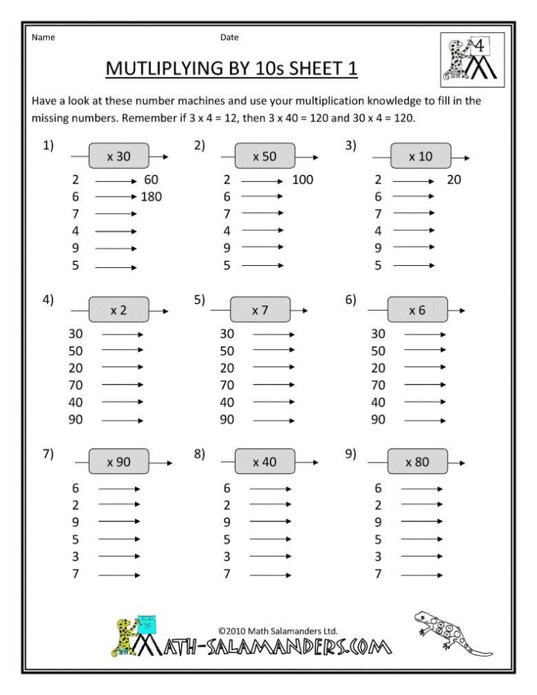 Multiply By Tens Worksheet Grade 4
