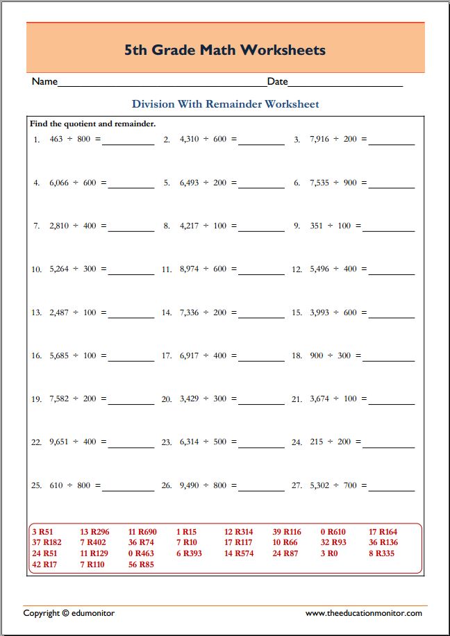 5th Grade Math Division Worksheets With RemainderEduMonitor