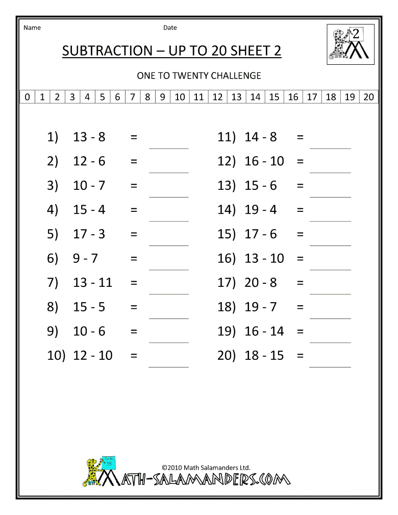 subtraction facts to 20 sheet 2 2nd grade math worksheets, Mental