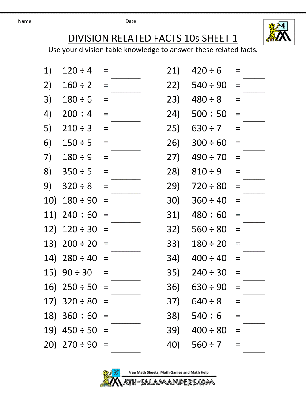 Printable Division Sheets Division worksheets, Math practice