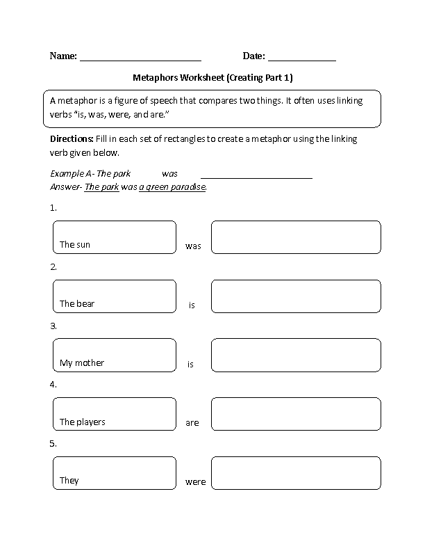 Simile And Metaphor Worksheet 1 Answers