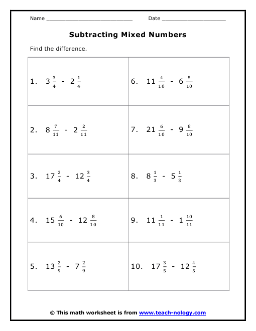 Subtracting Mixed Numbers With Unlike Denominators With Regrouping Worksheet