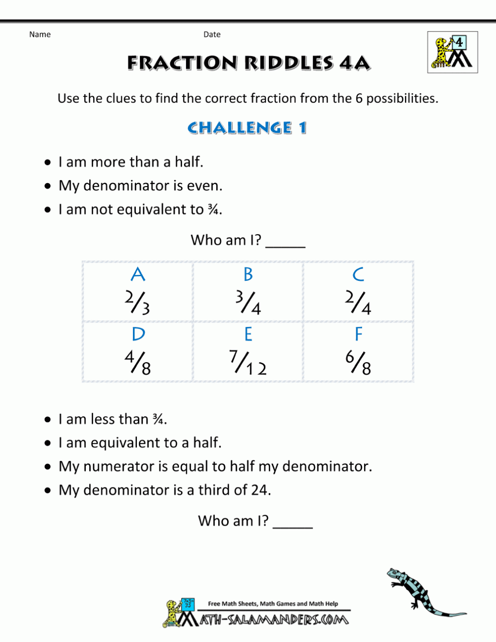 Free Printable Fraction Worksheets Fraction Riddles (harder)
