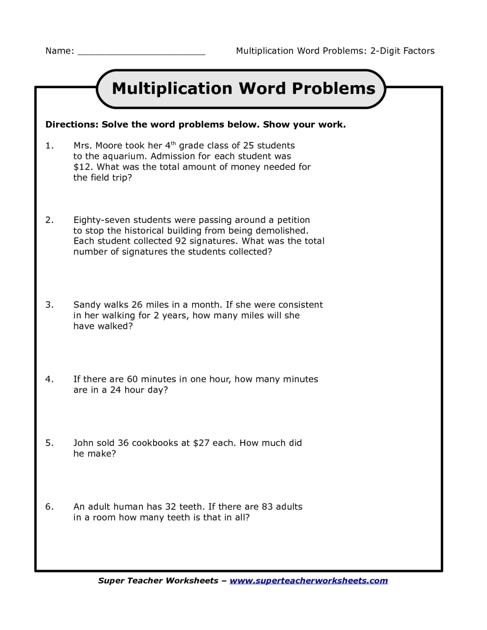 Free Worksheets Multiplication Word Problems
