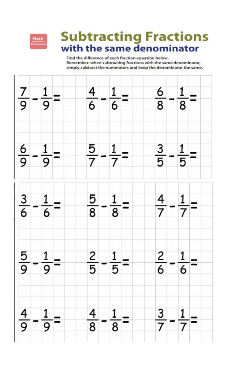 Subtracting Fractions With Like Denominators Worksheets