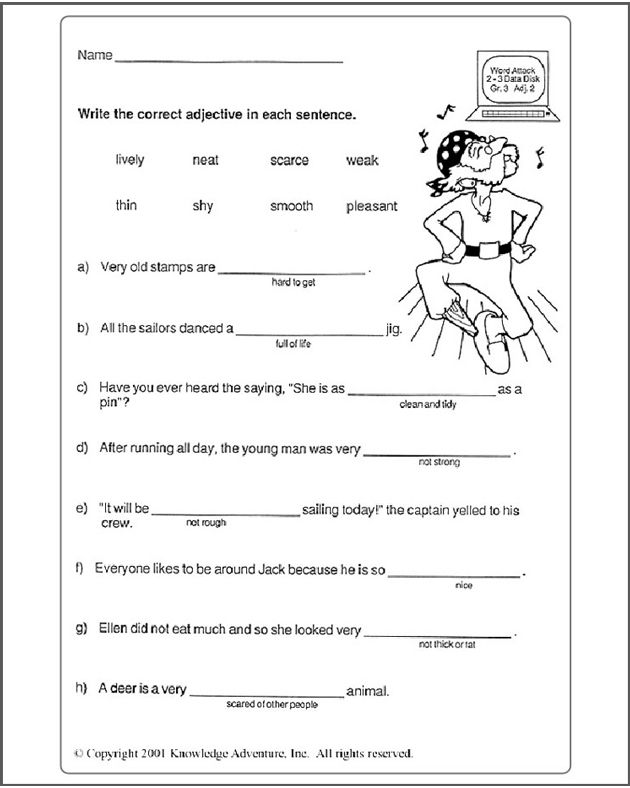 4th grade english worksheets Word Meanings Printable Adjective